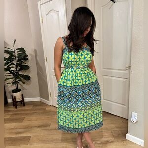 Donna Morgan Yellow and Blue Geometric Midi Dress